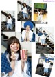 A collage of photos of a girl holding a popcorn box.